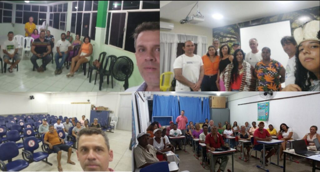Uma montagem de fotos, uma para cada território, com as Comissões Territoriais durante a reunião da Auditoria Externa. Provavelmente se trata do final, pois as pessoas atingidas estão posando para foto. Em duas delas, um homem aparece em primeiro plano - é o autor da selfie. Em uma delas, uma jovem em vestes indígenas é a autora da foto. Na última, a foto foi tirada por alguém. Em sentido horário, os territórios são: Conselheiro Pena (T6); Aimorés (T8); Resplendor e Itueta (T7); e Vale do Aço (T3).